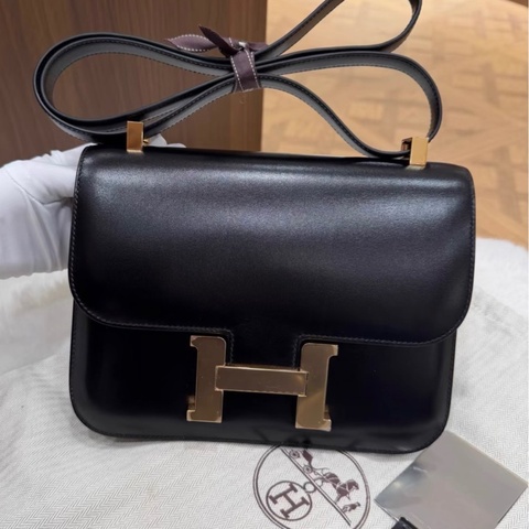 康康24 B刻Hermes愛馬仕黑色玫瑰金扣box皮康康24 有鏡子 單肩斜挎包 有防塵袋