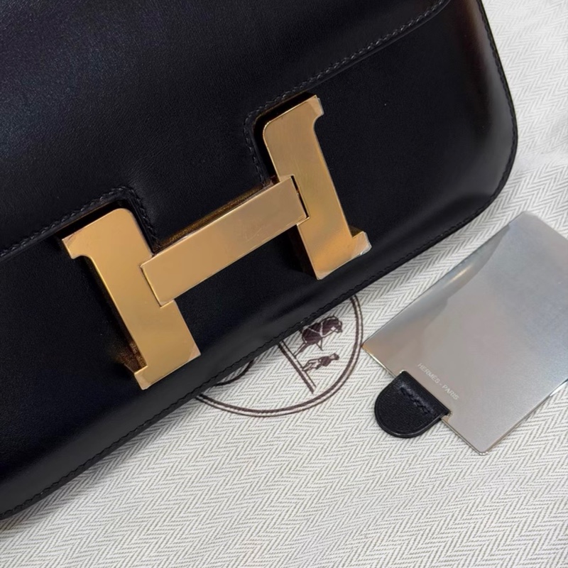 康康24 B刻Hermes愛馬仕黑色玫瑰金扣box皮康康24 有鏡子 單肩斜挎包 有防塵袋-2