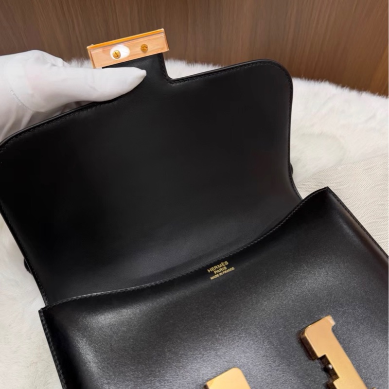 康康24 B刻Hermes愛馬仕黑色玫瑰金扣box皮康康24 有鏡子 單肩斜挎包 有防塵袋-4