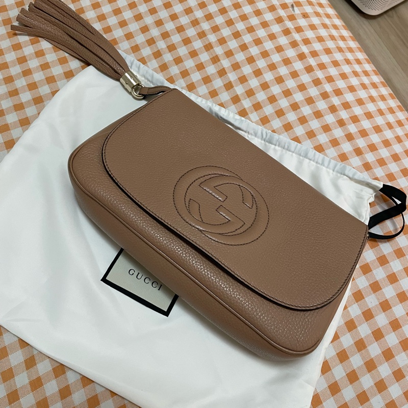 GUCCI 流蘇包/鏈條包/奶茶色/壓紋logo/-0