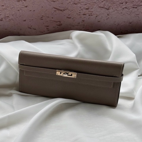 「JL精品代購」 9新hermes 愛馬仕Kelly long 大象灰銀扣長夾