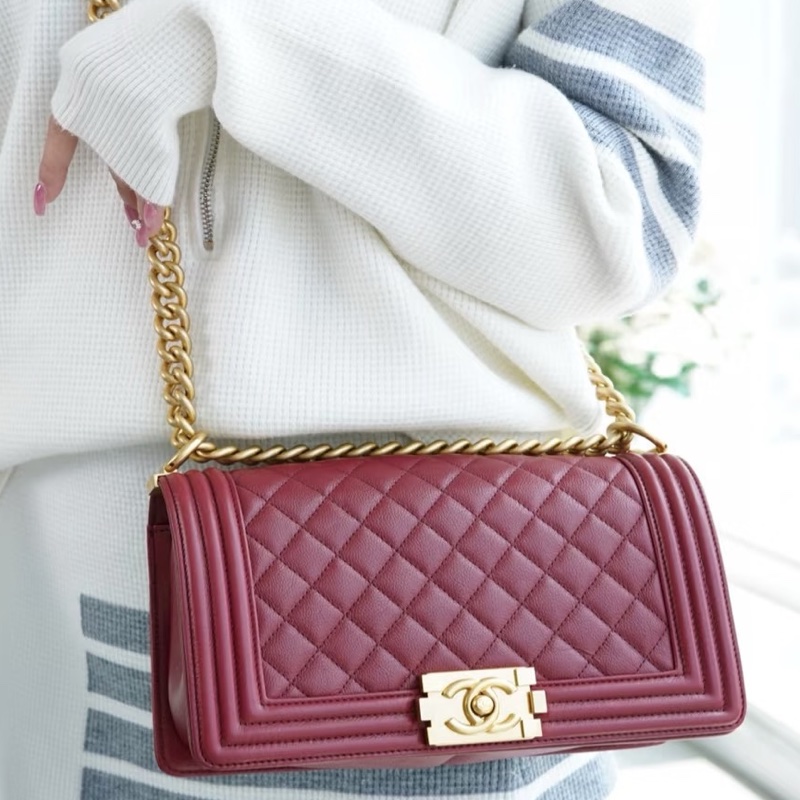 絕美神包✨Chanel香奈兒酒紅色金扣中號LeBoy25菱格紋單肩斜挎包-2