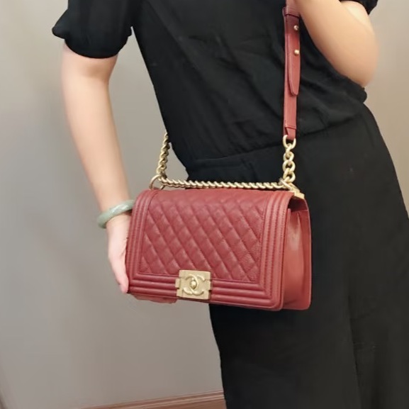 絕美神包✨Chanel香奈兒酒紅色金扣中號LeBoy25菱格紋單肩斜挎包-3