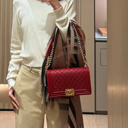 絕美神包✨Chanel香奈兒酒紅色金扣中號LeBoy25菱格紋單肩斜挎包-5