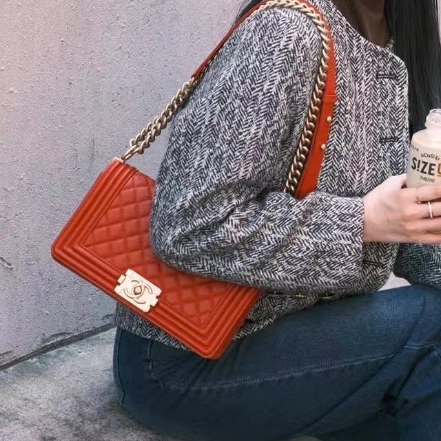 絕美神包✨Chanel香奈兒酒紅色金扣中號LeBoy25菱格紋單肩斜挎包-7