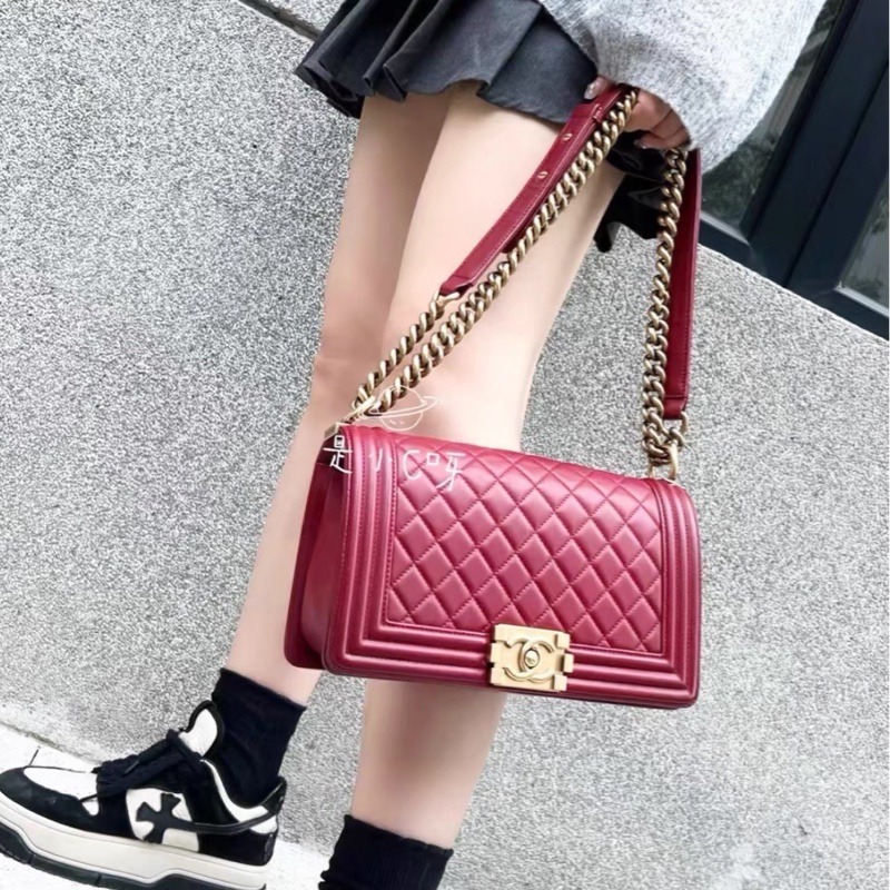 絕美神包✨Chanel香奈兒酒紅色金扣中號LeBoy25菱格紋單肩斜挎包-8