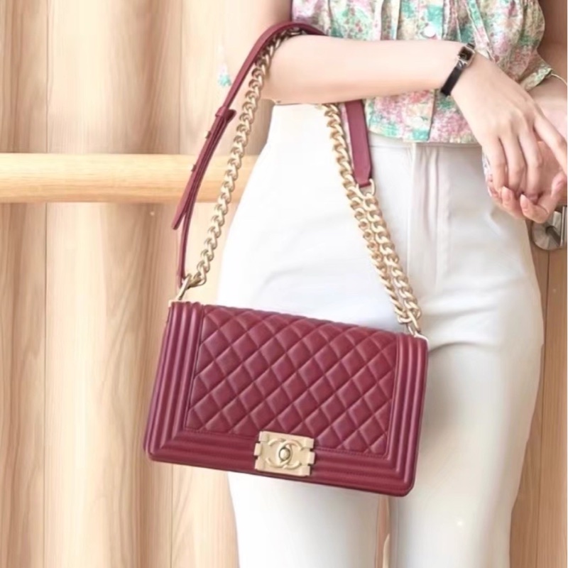 絕美神包✨Chanel香奈兒酒紅色金扣中號LeBoy25菱格紋單肩斜挎包-9