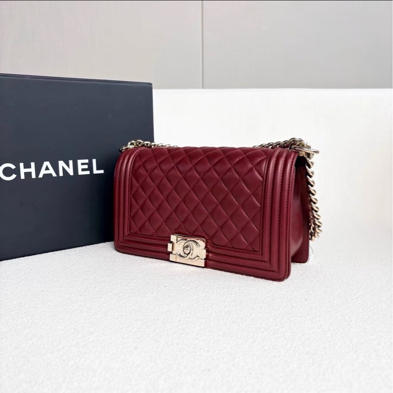 絕美神包✨Chanel香奈兒酒紅色金扣中號LeBoy25菱格紋單肩斜挎包-15