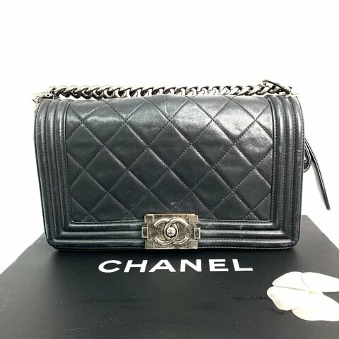 △ Chanel 香奈兒 Black Lambskin Boy 25CM Ruthenium-Finish Metal Chain Shoulder Bag No.19 A92267 黑色小羊皮鍍釕金屬鎖鏈肩背袋No.19 - 267000472