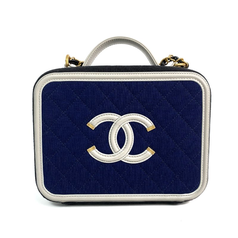 △ Chanel 香奈兒 Black And Navy Canvas Filigree Gold Tone Metal Chain Vanity Case No.28 黑色和深藍色帆布金色金屬鎖鏈化妝箱No.28 - 267000461-1