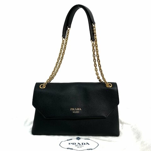 △ Prada 普拉達 Black Calfskin Medium Doux Chain Shoulder Bag 黑色小牛皮鎖鏈肩背袋 - 267000719