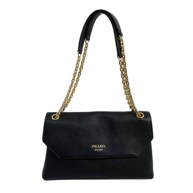 △ Prada 普拉達 Black Calfskin Medium Doux Chain Shoulder Bag 黑色小牛皮鎖鏈肩背袋 - 267000719-1