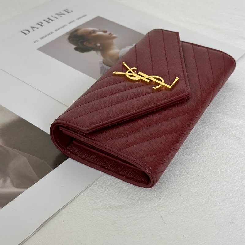 YSL 經典V紋粒面牛皮長夾 - 紅金-1