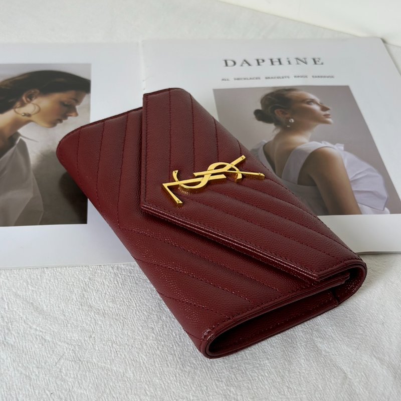 YSL 經典V紋粒面牛皮長夾 - 紅金-2