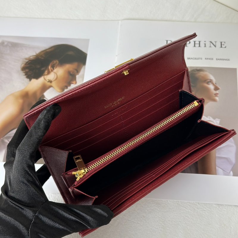 YSL 經典V紋粒面牛皮長夾 - 紅金-4