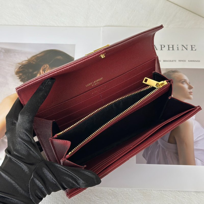 YSL 經典V紋粒面牛皮長夾 - 紅金-5