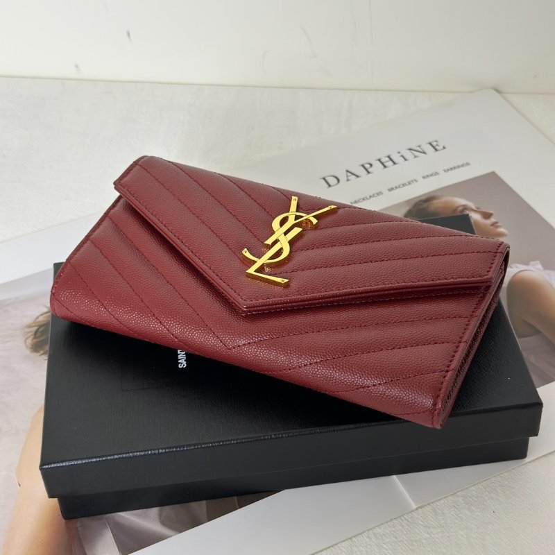 YSL 經典V紋粒面牛皮長夾 - 紅金-6