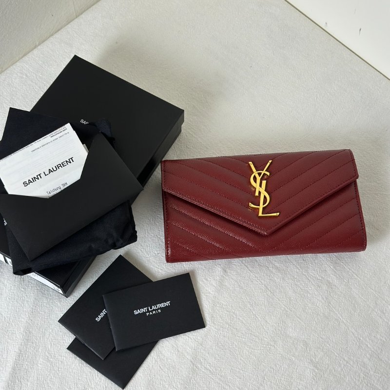 YSL 經典V紋粒面牛皮長夾 - 紅金-7