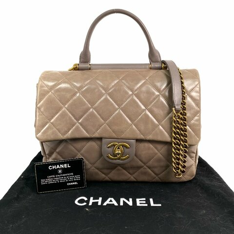 △ Chanel 香奈兒 Beige Calfskin Gold Tone Metal Rome Handle 2 Way Bag No.23 A93424 淺褐色小牛皮金色金屬兩用袋No.23 - 267000814