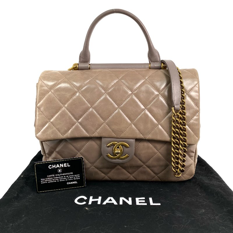 △ Chanel 香奈兒 Beige Calfskin Gold Tone Metal Rome Handle 2 Way Bag No.23 A93424 淺褐色小牛皮金色金屬兩用袋No.23 - 267000814-0