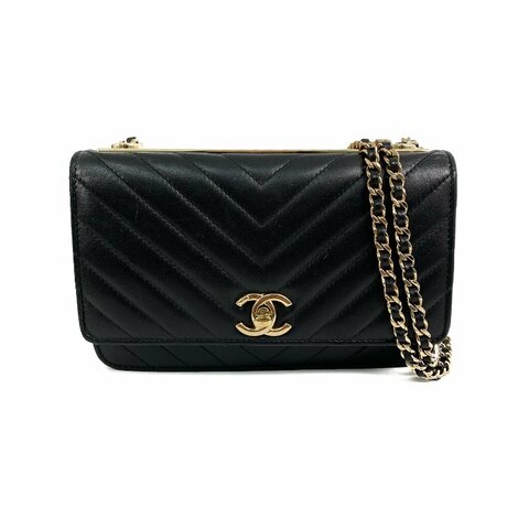 △ Chanel 香奈兒 19CM Black Lambskin Gold Tone Metal V-Stitch Trendy CC Wallet On Chain No.25 A80982 黑色小羊皮金色金屬鎖鏈銀包No.25 - 267000499