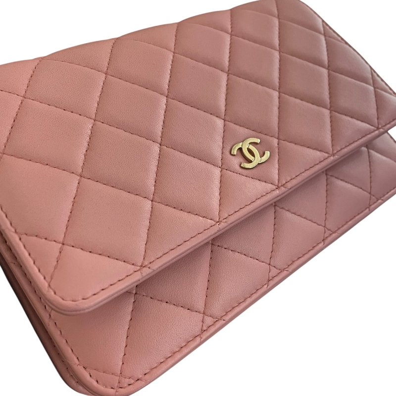 CHANEL 香奈兒 WOC 斜背包 羊皮 粉紅色 金釦-10
