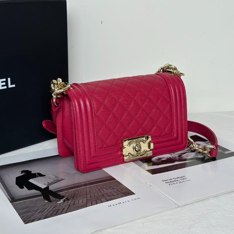 CHANEL Boy20 粒面牛皮口蓋包 - 桃紅金23開-2