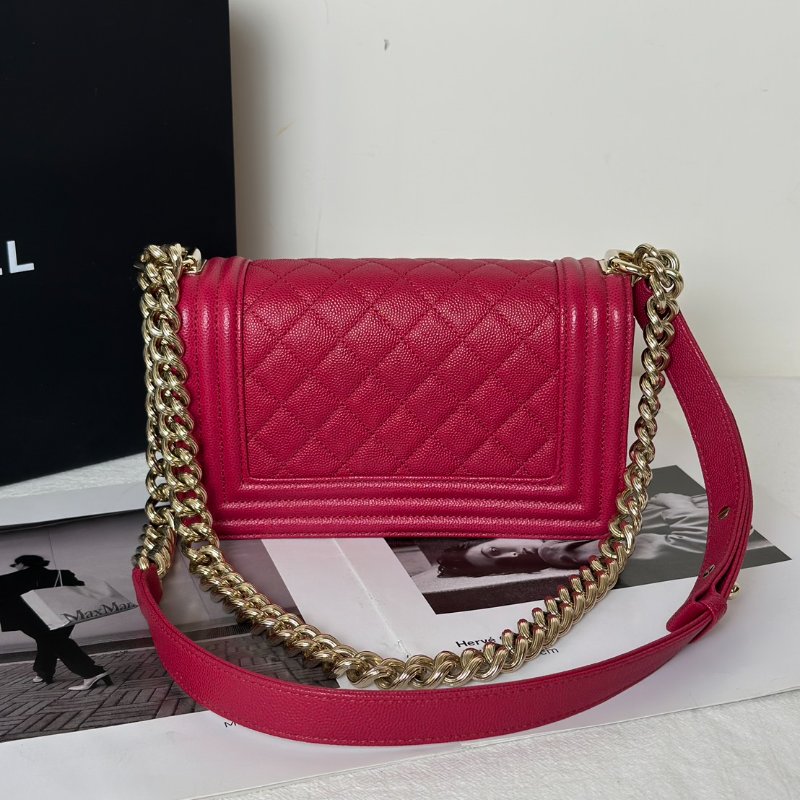 CHANEL Boy20 粒面牛皮口蓋包 - 桃紅金23開-4