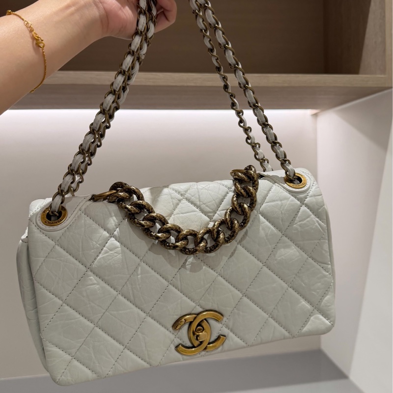 CHANEL 香奈兒 孟買系列 白色 油蠟牛皮 熔岩 CF 斜背包 肩背包 側背包 鍊條包-0