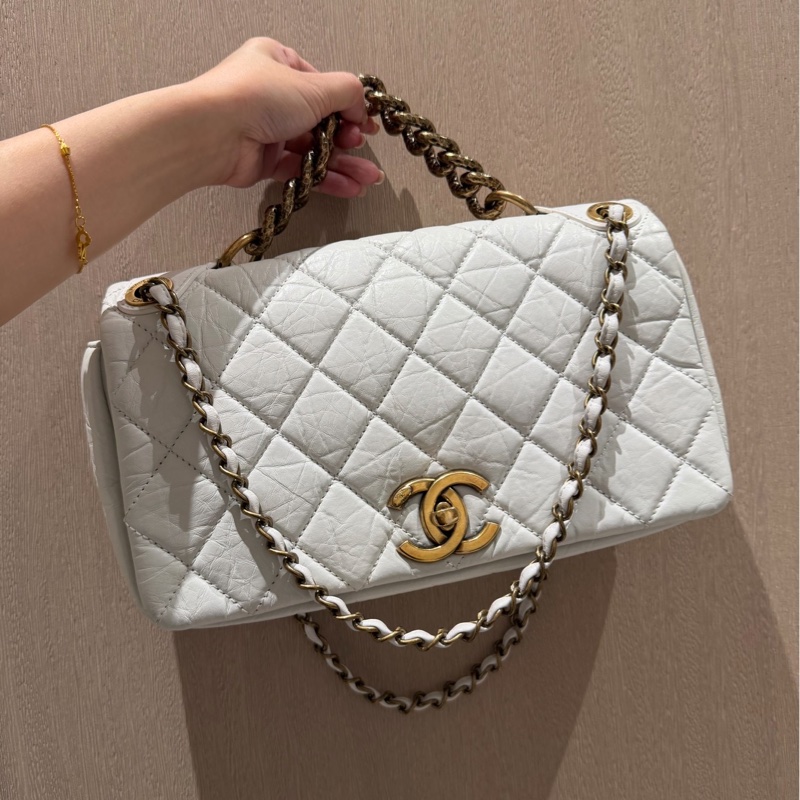 CHANEL 香奈兒 孟買系列 白色 油蠟牛皮 熔岩 CF 斜背包 肩背包 側背包 鍊條包-1