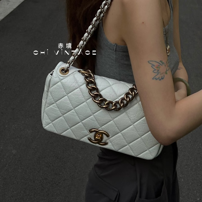 CHANEL 香奈兒 孟買系列 白色 油蠟牛皮 熔岩 CF 斜背包 肩背包 側背包 鍊條包-2