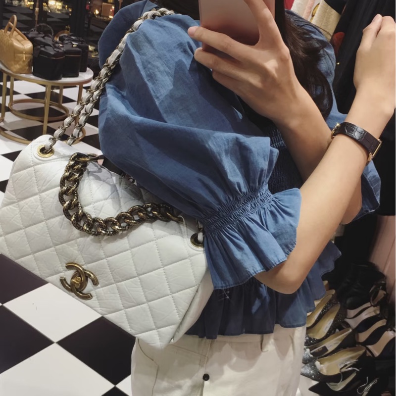 CHANEL 香奈兒 孟買系列 白色 油蠟牛皮 熔岩 CF 斜背包 肩背包 側背包 鍊條包-5