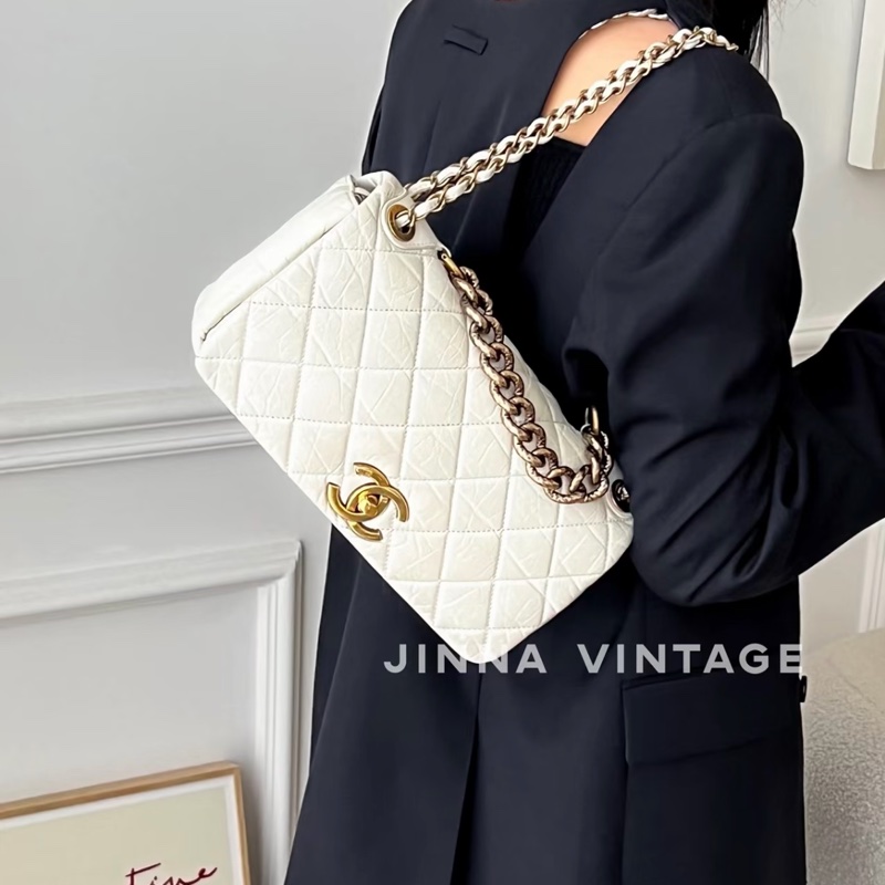 CHANEL 香奈兒 孟買系列 白色 油蠟牛皮 熔岩 CF 斜背包 肩背包 側背包 鍊條包-6