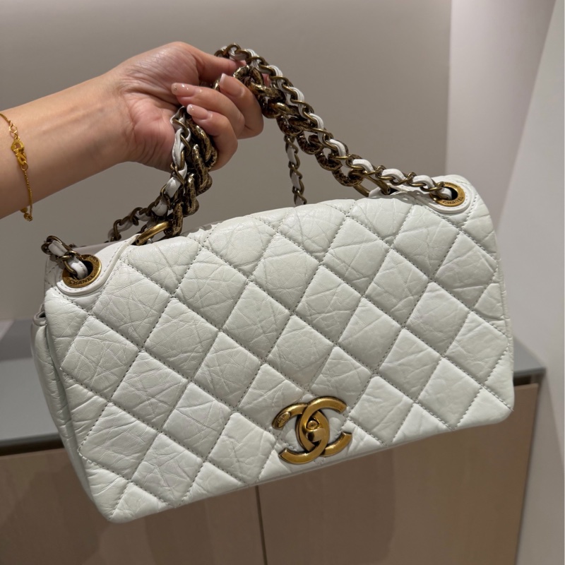 CHANEL 香奈兒 孟買系列 白色 油蠟牛皮 熔岩 CF 斜背包 肩背包 側背包 鍊條包-7