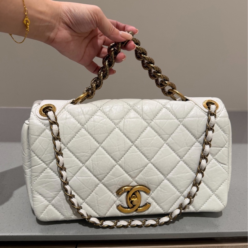 CHANEL 香奈兒 孟買系列 白色 油蠟牛皮 熔岩 CF 斜背包 肩背包 側背包 鍊條包-8