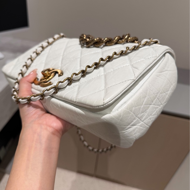 CHANEL 香奈兒 孟買系列 白色 油蠟牛皮 熔岩 CF 斜背包 肩背包 側背包 鍊條包-9