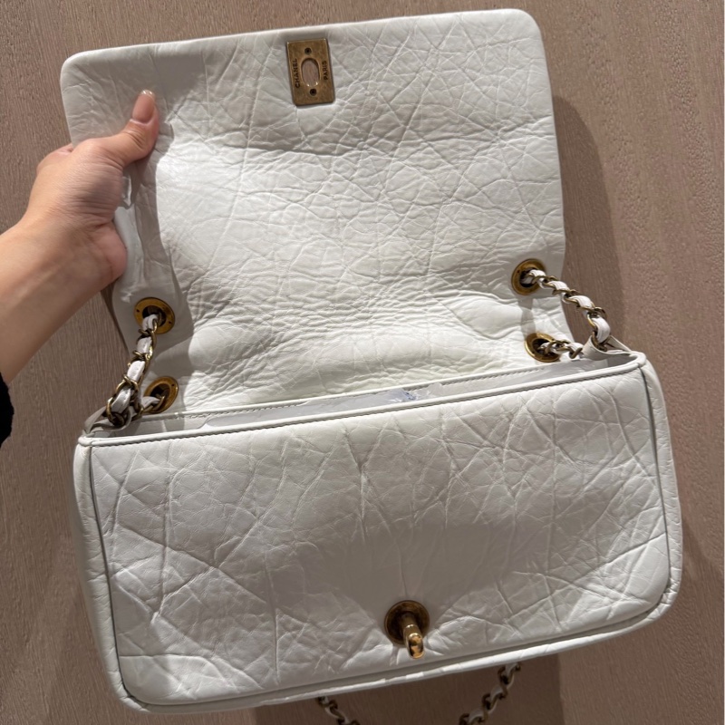 CHANEL 香奈兒 孟買系列 白色 油蠟牛皮 熔岩 CF 斜背包 肩背包 側背包 鍊條包-15