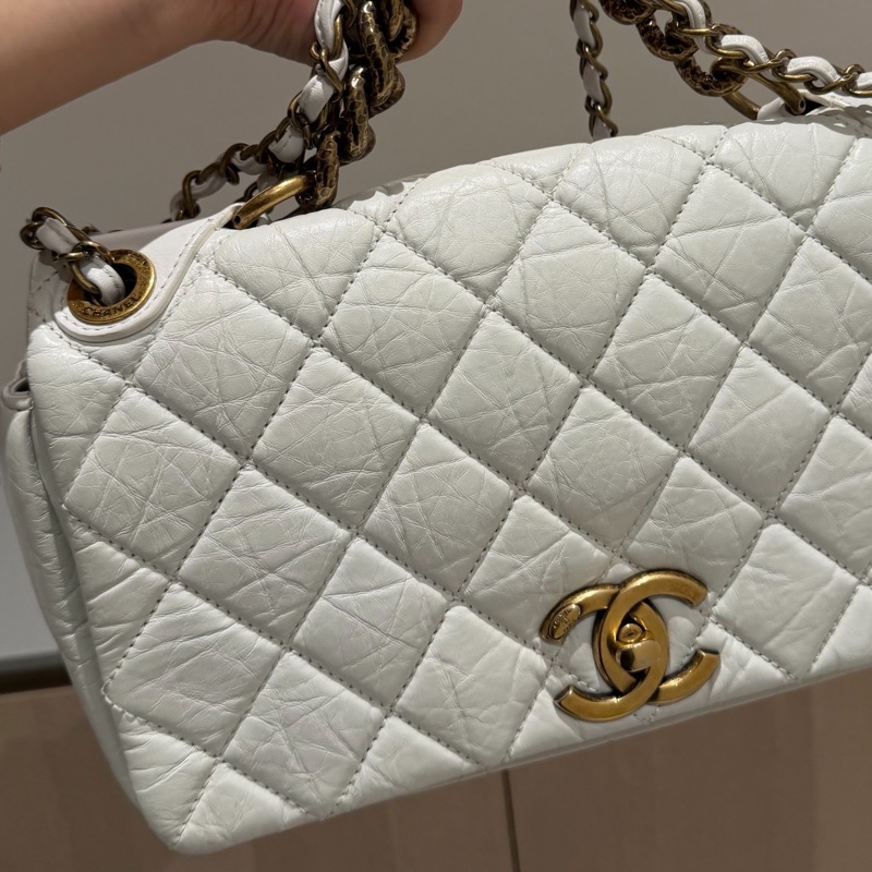 CHANEL 香奈兒 孟買系列 白色 油蠟牛皮 熔岩 CF 斜背包 肩背包 側背包 鍊條包-24