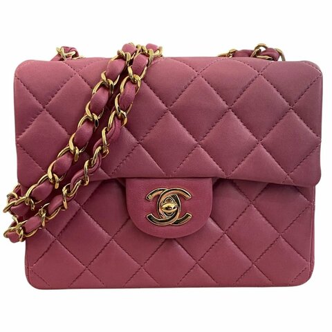 CHANEL 香奈兒 MATELASSE CF 17cm 方胖子 羊皮 粉紅色 金釦