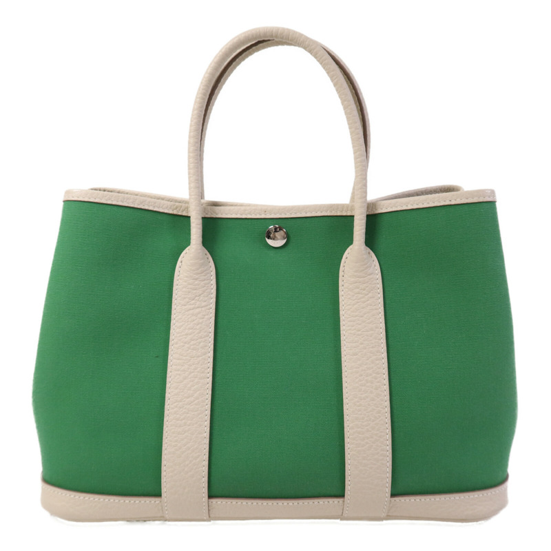 HERMES 帆布Garden Party TPM銀扣手挽袋Cactus/Craie-1
