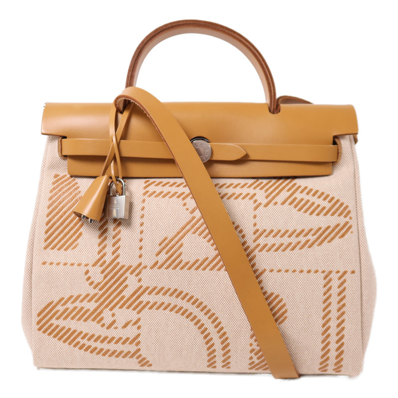 HERMES 帆布Herbag PM銀扣手挽肩背兩用袋Beige-1