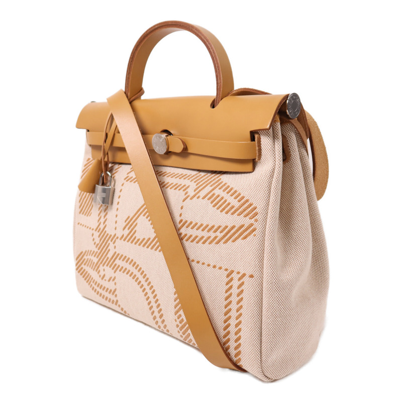 HERMES 帆布Herbag PM銀扣手挽肩背兩用袋Beige-3