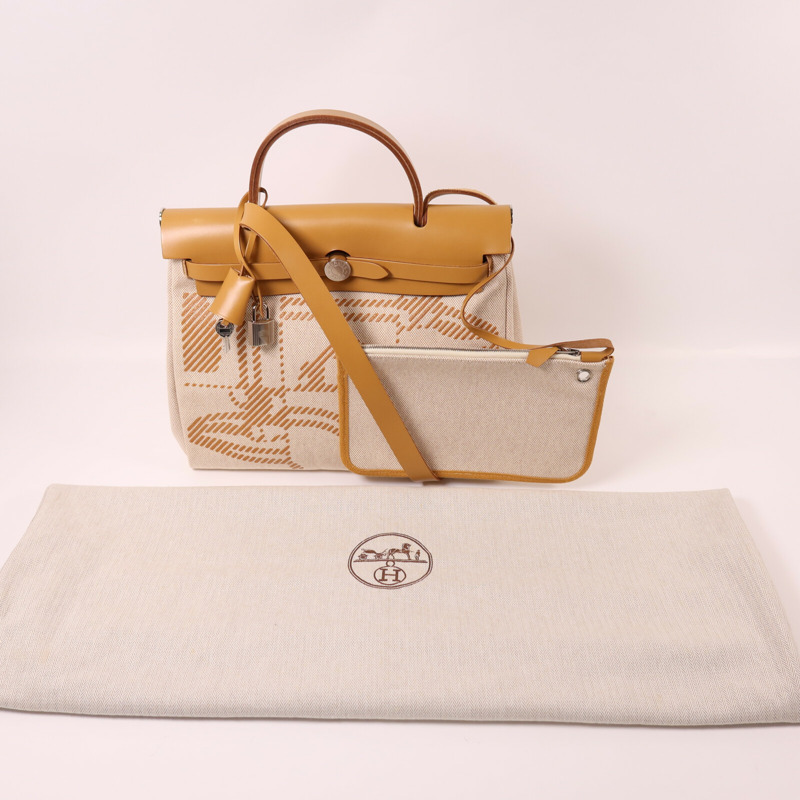 HERMES 帆布Herbag PM銀扣手挽肩背兩用袋Beige-10