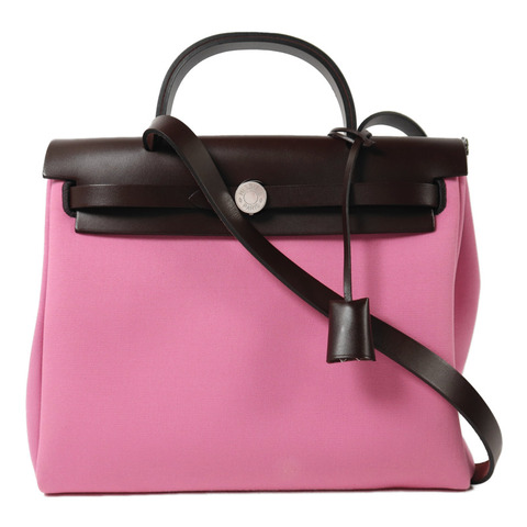 HERMES 帆布/Vache Hunter皮革Herbag PM銀扣手挽肩背兩用袋Bubble Gum/Rough H