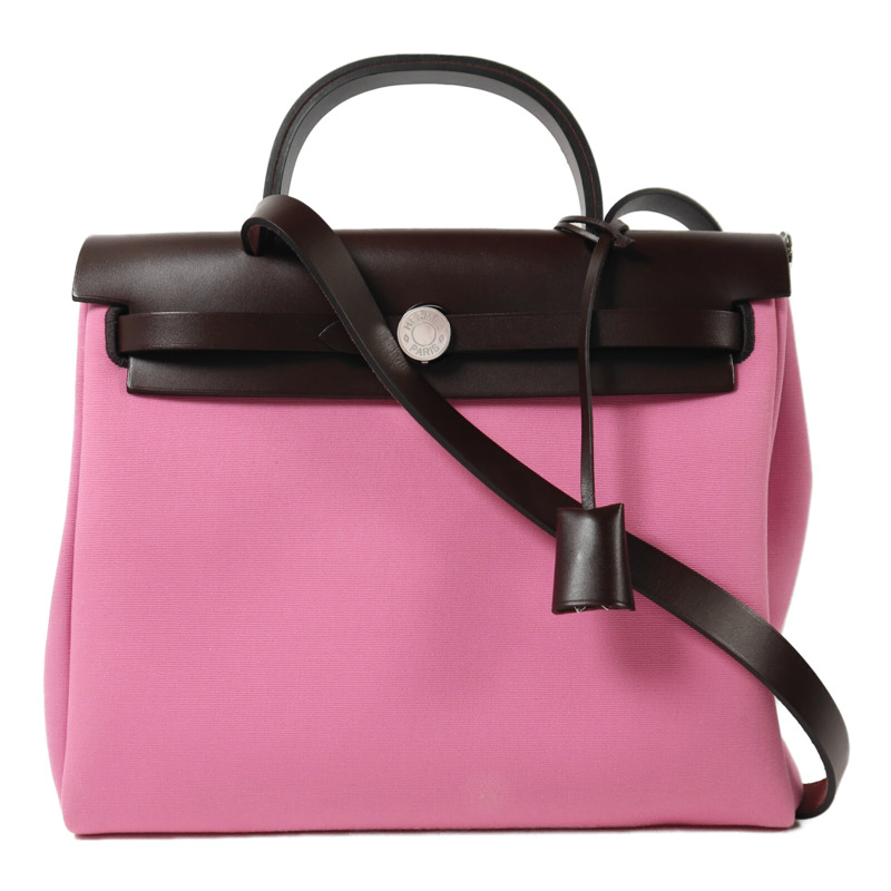 HERMES 帆布/Vache Hunter皮革Herbag PM銀扣手挽肩背兩用袋Bubble Gum/Rough H-0