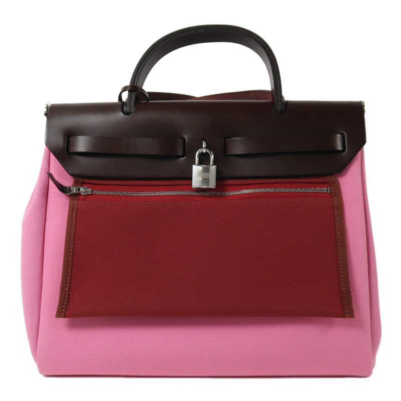 HERMES 帆布/Vache Hunter皮革Herbag PM銀扣手挽肩背兩用袋Bubble Gum/Rough H-1