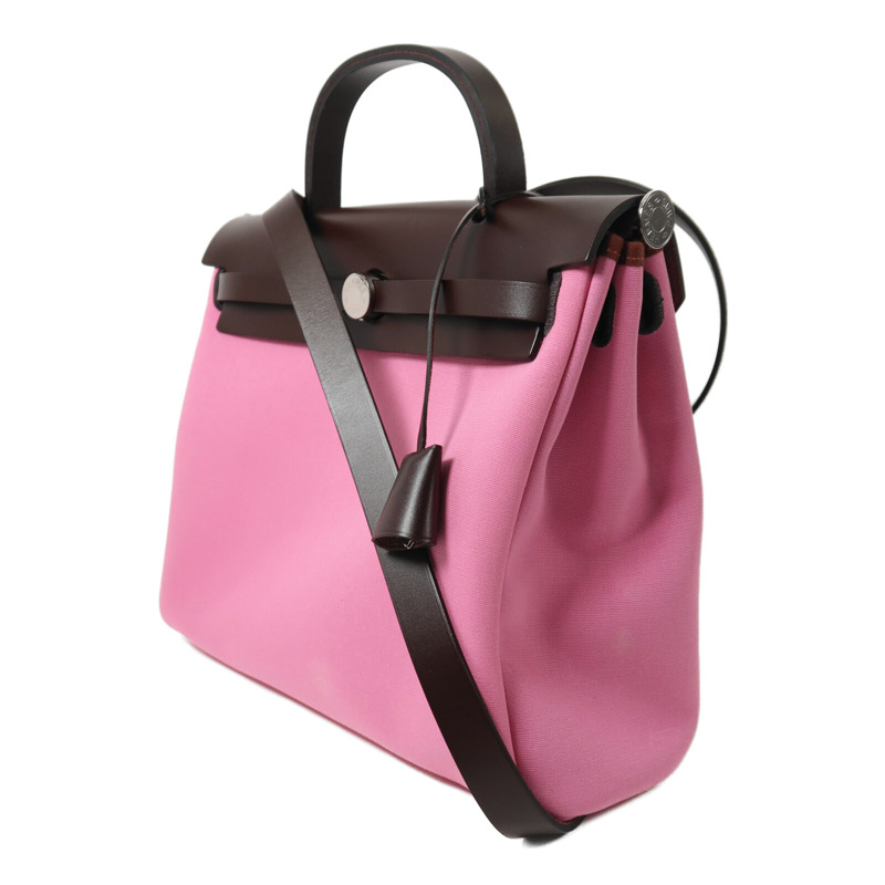 HERMES 帆布/Vache Hunter皮革Herbag PM銀扣手挽肩背兩用袋Bubble Gum/Rough H-2