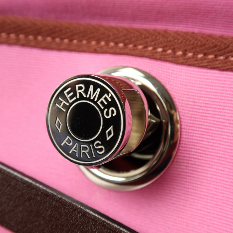 HERMES 帆布/Vache Hunter皮革Herbag PM銀扣手挽肩背兩用袋Bubble Gum/Rough H-7