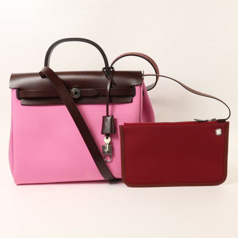 HERMES 帆布/Vache Hunter皮革Herbag PM銀扣手挽肩背兩用袋Bubble Gum/Rough H-9