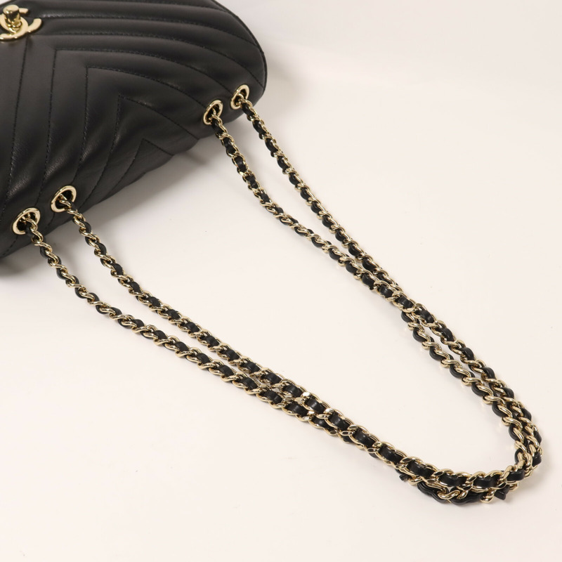 CHANEL 牛皮皮革Chain Shoulder金扣鏈帶肩背袋-7